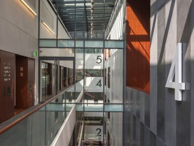 Level 4 corridor in Milton Court with sunlight streaming in through the skylights